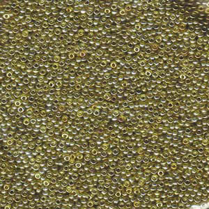 15/0 Miyuki Rocailles beads, round (approx. 1,5 mm), colour: transparent gold/olive luster, tube with approx. 8,2 grammes