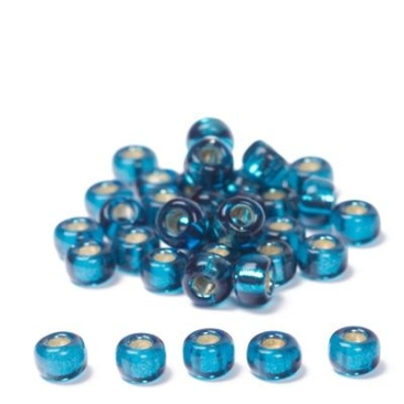 6/0 Miyuki Rocailles beads, round (approx. 4 mm), colour: Blue Zircon, threaded, silver thread, approx. 20 gr.