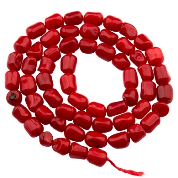 Strand of bamboo coral, nuggets, dyed red, approx. 5 x 8 mm, length of strand approx. 34 cm