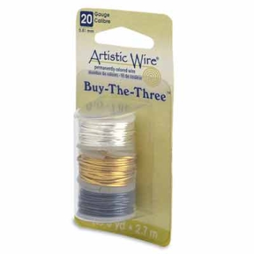 Beadalon Artistic Wire (modelling wire), 20 gauge (0.81 mm), Buy-The-3, silver-plated, brass-coloured, hematite colour, roll with 3 yd (2.7 m) each