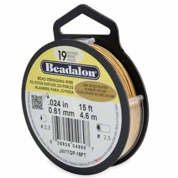 Beadalon 19 Strand Stainless Steel Bead Stringing Wire, 0.024 in (0.61 mm), gold plated, 15 ft (4.5 m)