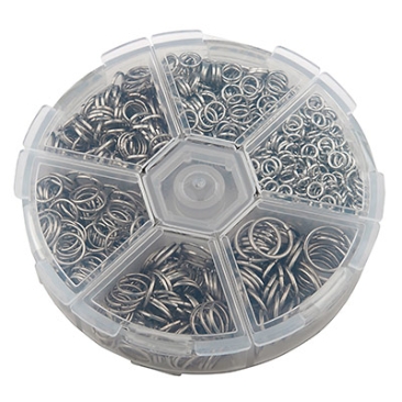 Boîte avec anneaux de ligature en fer, tailles : 4,5,6,7,8 et 10 mm, simple courbure, couleur argent, env. 1600pcs/boîte