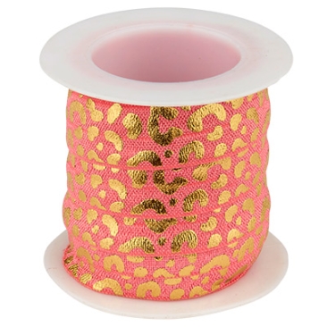 Plat elastisch lint, print: gouden dierenprint, lint: roze, breedte 15 mm, rol met 3 meter