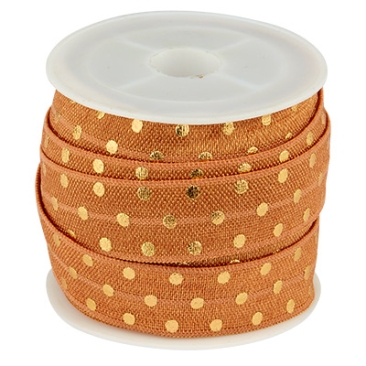 Ruban élastique plat, impression polka dots dorés,ruban : brun, largeur 15 mm, rouleau de 3 mètres