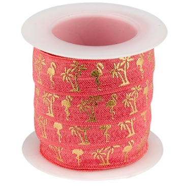 Plat elastisch lint, opdruk: gouden flamingo's en palmbomen, lint: roze, breedte 15 mm, rol met 3 meter