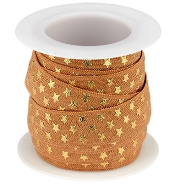 Flat elastic band, print: golden stars, band: brown, width 15 mm, roll with 3 meters