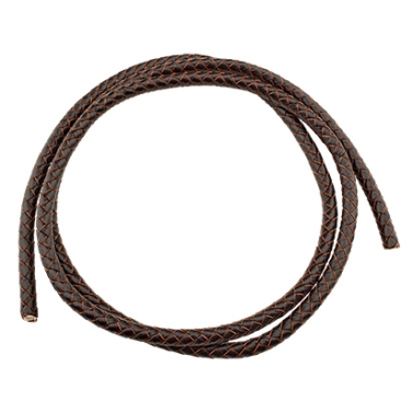 Braided cowhide cord, diameter 6 mm, brown, 1 metre
