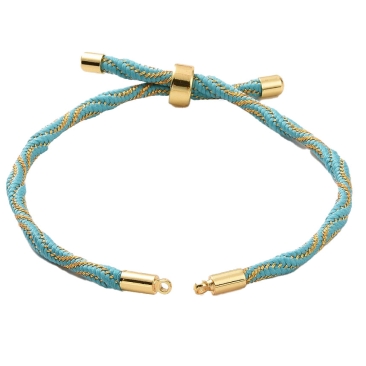 Armband für Schmuckverbinder, Bandfarbe: Türkisblau-Gold, Schiebeverschluss und Endkappen goldfarben, Länge 22 cm, verstellbar