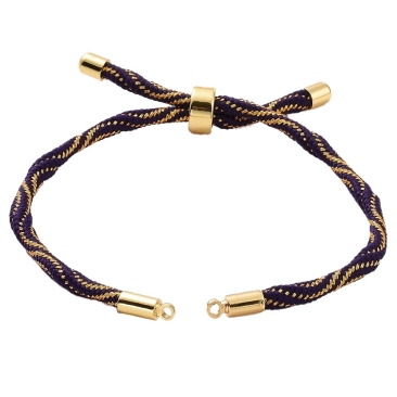 Armband für Schmuckverbinder, Bandfarbe: Indigo-Gold, Schiebeverschluss und Endkappen goldfarben, Länge 22 cm, verstellbar