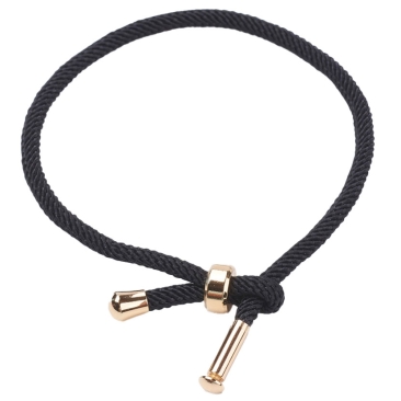 Wechselarmband aus Baumwolle mit Edelstahl-Verschluss, goldfarben, Bandfarbe: Schwarz, Banddurchmesser 3 mm, Länge: 22 cm