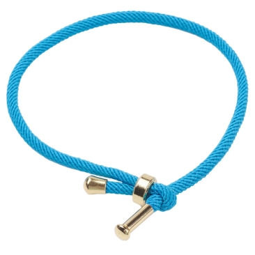 Wechselarmband aus Baumwolle mit Edelstahl-Verschluss, goldfarben, Bandfarbe: Türkisblau, Banddurchmesser 3 mm, Länge: 22 cm