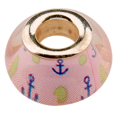 Perle acrylique motif ancre, 14 x 9 mm, ouverture pour enfiler : 5mm, bordure argentée
