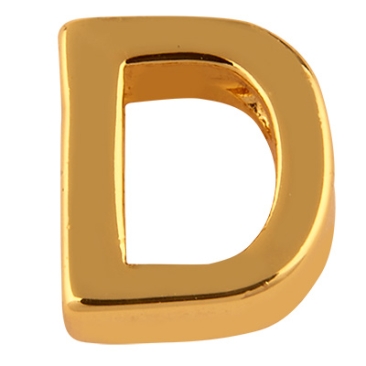 Letter: D, metalen kraal goudkleurig in lettervorm, 8,5 x 7,5 x 3 mm, gatdiameter: 1,4 mm