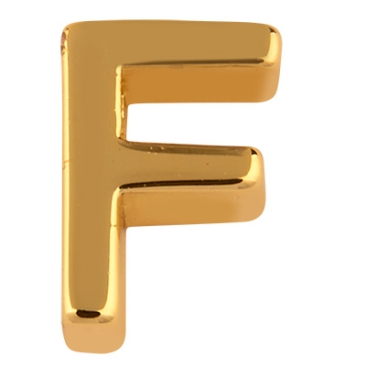 Letter: F, metalen kraal goudkleurig in lettervorm, 8,5 x 6 x 3 mm, gatdiameter: 1,6 mm