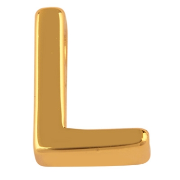Letter: L, metalen kraal goudkleurig in lettervorm, 8,5 x 6 x 3 mm, gatdiameter: 1,6 mm