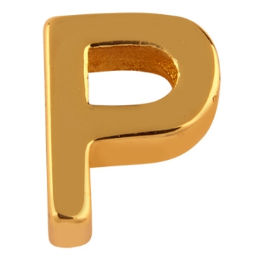 Letter: P, metalen kraal goudkleurig in lettervorm, 9 x 7 x 3 mm, gatdiameter: 1,6 mm