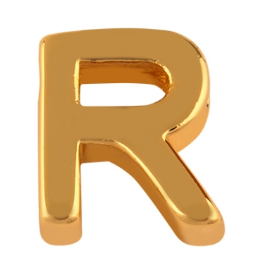 Letter: R, metalen kraal goudkleurig in lettervorm, 8,5 x 7,5 x 3 mm, gatdiameter: 1,6 mm