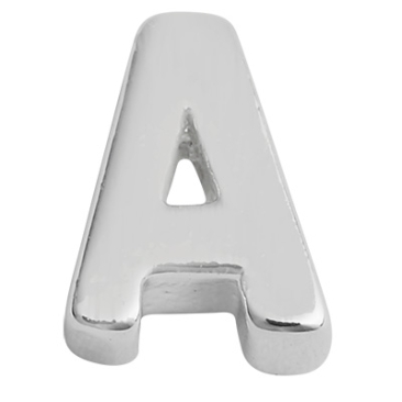 Letter: A, metalen kraal zilverkleurig en geborsteld in lettervorm, 6 x 4,5 x 2 mm, gatdiameter: 1 mm
