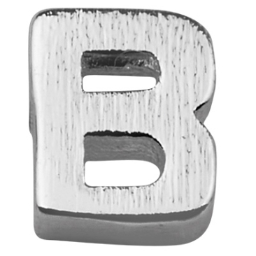 Letter: B, metalen kraal zilverkleurig en geborsteld in lettervorm, 6 x 5 x 2 mm, gatdiameter: 1 mm