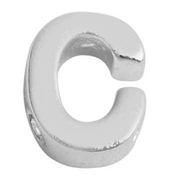 Letter: C, metalen kraal zilverkleurig en geborsteld in lettervorm, 6 x 4,5 x 2 mm, gatdiameter: 1 mm