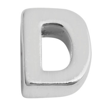 Letter: D, metalen kraal zilverkleurig en geborsteld in lettervorm, 6 x 4,5 x 2 mm, gatdiameter: 1 mm