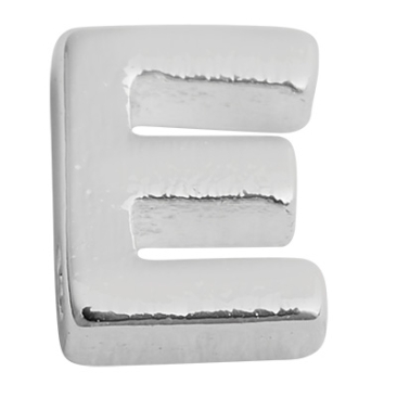 Letter: E, metalen kraal zilverkleurig en geborsteld in lettervorm, 5 x 4,5 x 2 mm, gatdiameter: 1 mm