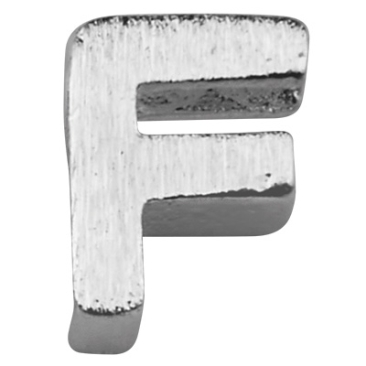 Letter: F, metalen kraal zilverkleurig en geborsteld in lettervorm, 6 x 4 x 2 mm, gatdiameter: 1 mm