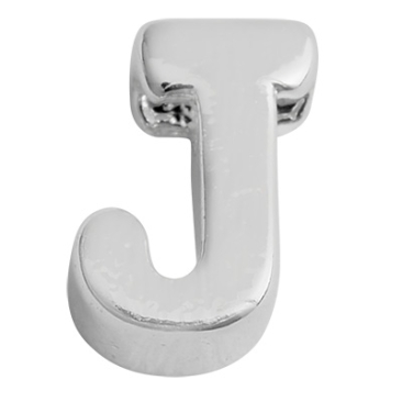 Letter: J, metalen kraal zilverkleurig en geborsteld in lettervorm, 6 x 3 x 2 mm, gatdiameter: 1 mm