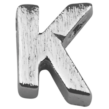 Letter: K, metalen kraal zilverkleurig en geborsteld in lettervorm, 6 x 3 x 2 mm, gatdiameter: 1 mm
