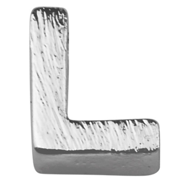 Letter: L, metalen kraal zilverkleurig en geborsteld in lettervorm, 6 x 4,5 x 2 mm, gatdiameter: 1 mm