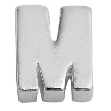 Letter: M, metalen kraal zilverkleurig en geborsteld in lettervorm, 5 x 4 x 2 mm, gatdiameter: 1 mm