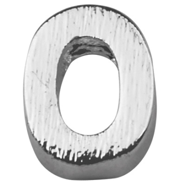 Letter: O, metalen kraal zilverkleurig en geborsteld in lettervorm, 5,5 x 4 x 2 mm, gatdiameter: 1 mm