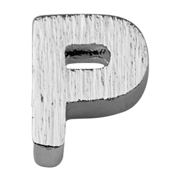 Letter: P, metalen kraal zilverkleurig en geborsteld in lettervorm, 5,5 x 4,5 x 2 mm, gatdiameter: 1 mm