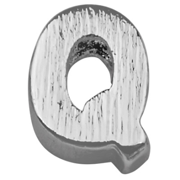 Lettre : Q, perle métallique argentée et brossée en forme de lettre, 6 x 4,5 x 2 mm, diamètre du trou : 1 mm