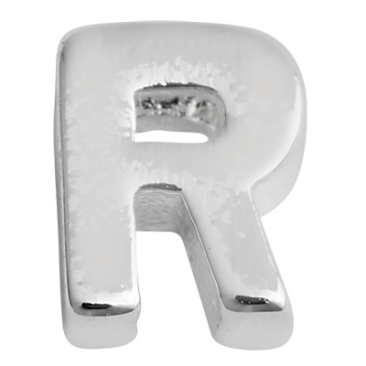 Letter: R, metalen kraal zilverkleurig en geborsteld in lettervorm, 5,5 x 4,5 x 2 mm, gatdiameter: 1 mm