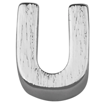 Letter: U, metalen kraal zilverkleurig en geborsteld in lettervorm, 6 x 4,5 x 2 mm, gatdiameter: 1 mm
