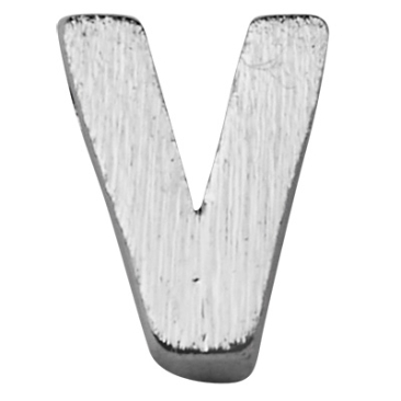 Letter: V, metalen kraal zilverkleurig en geborsteld in lettervorm, 4 x 6 x 2 mm, gatdiameter: 1 mm