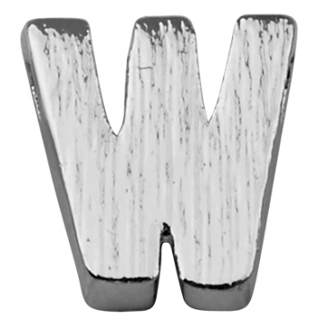 Letter: W, metalen kraal zilverkleurig en geborsteld in lettervorm, 6 x 5 x 2 mm, gatdiameter: 1 mm