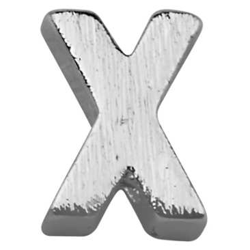 Letter: X, metalen kraal zilverkleurig en geborsteld in lettervorm, 6 x 4 x 2 mm, gatdiameter: 1 mm