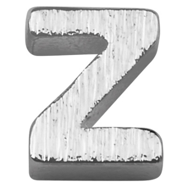Lettre : Z, perle métallique argentée et brossée en forme de lettre, 5 x 4 x 2 mm, diamètre du trou : 1 mm