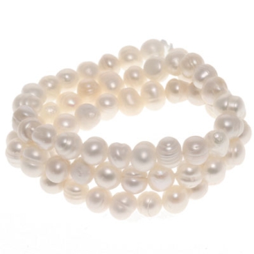 Brin de perles de culture, "Potato", blanc, taille env. 5 x 6 mm, longueur 35 cm
