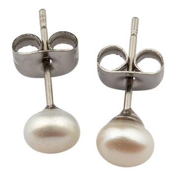 Cultured pearl ear studs with stainless steel plug, colour white, diameter pearl approx. 5 mm