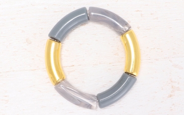 Elastisches Tube Armband mit Acryl Röhrenperlen Grau und Goldfarben