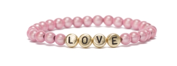 Buchstabenarmband goldfarben Love und rosafarbenen Perlen