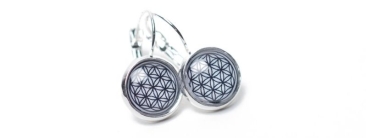 Cabochon Earrings with Flower of Life Motif Black