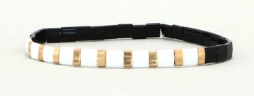Bracelet élastique avec des perles Tila et Halftila noir-blanc-or