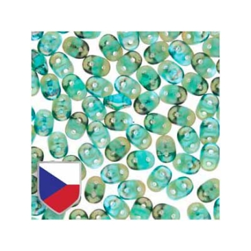 Matubo Superduo Perlen,  2,5 x 5 mm, Farbe Aqua Celsian Czech Shield, Röhrchen mit ca. 22,5 gr