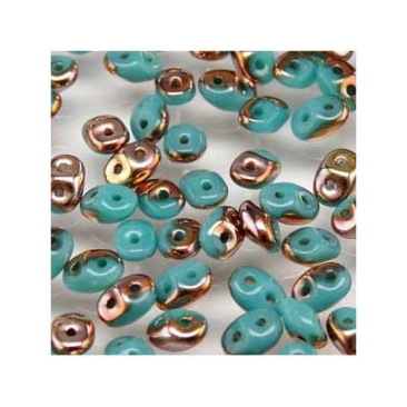 Matubo Superduo beads, 2,5 x 5 mm, colour Turquoise GRN Capri Gold, tube with approx. 22,5 gr.