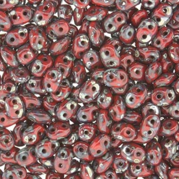 Matubo Superduo beads, 2,5 x 5 mm, colour OP Coral Red/Picasso , tube with ca. 22,5 gr