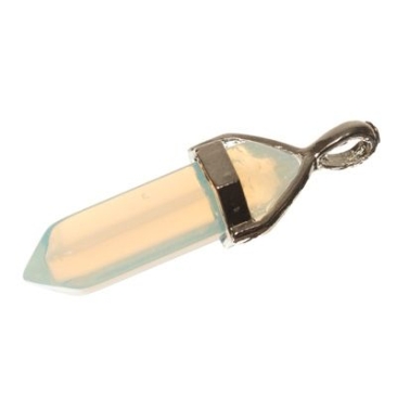 Opalite gemstone pendant, pointed, 48 x 8 mm, one eyelet, silver-coloured setting